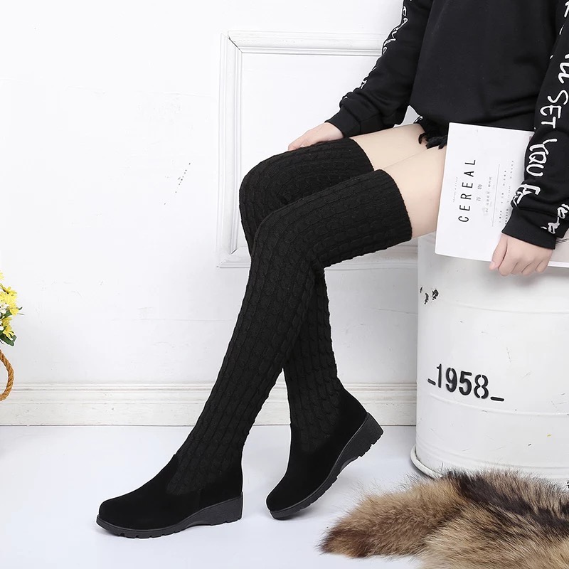 Sepatu boots wanita selutu bahan rajut Winter overknee Knit boots