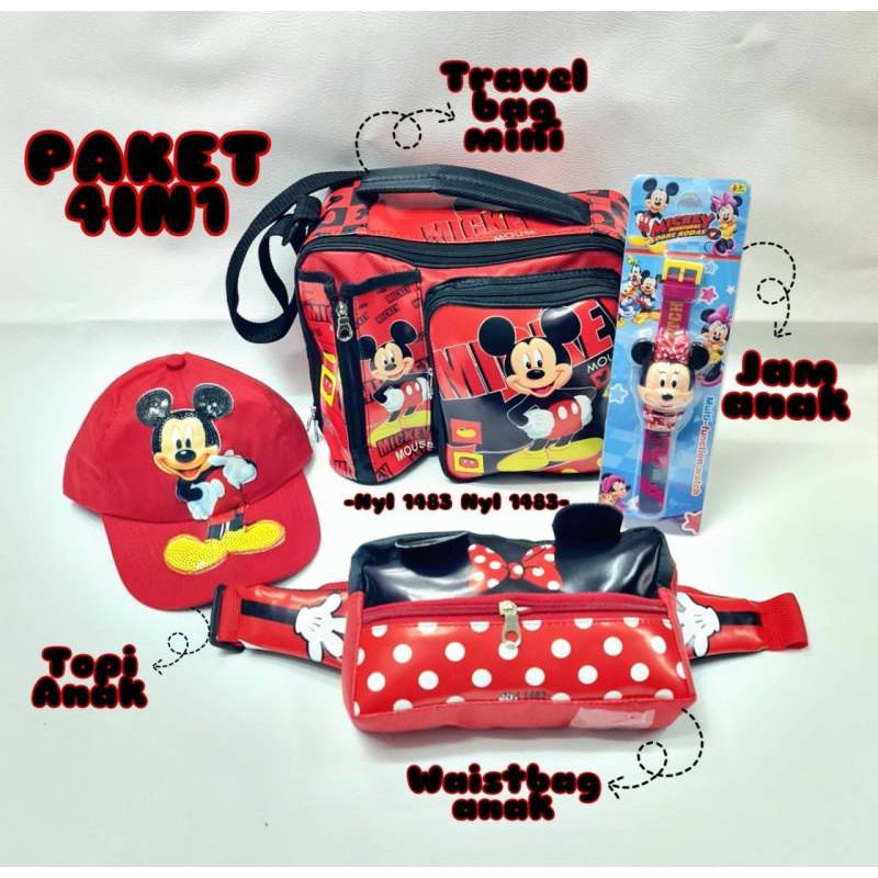 PAKET HEMAT 4IN1 ^^ Ransel/Travelbag -- Topi printing - Jam tangan - Waistbag Anak Perempuan