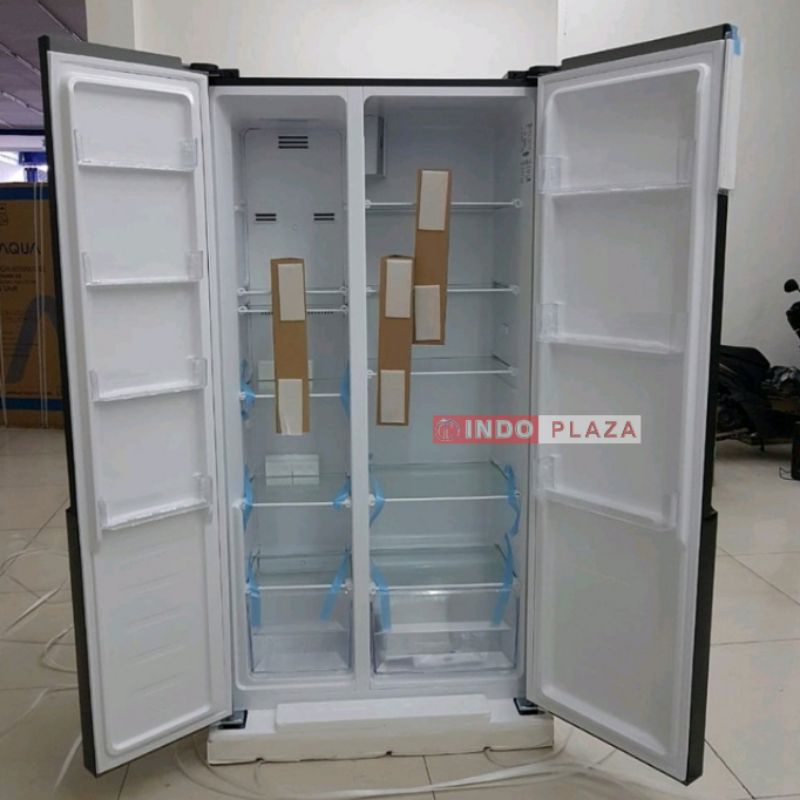 KULKAS SISE BY SIDE GEA G2D-472 INOX SILVER &amp; BLACK GLASS