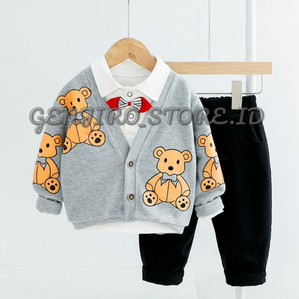 SETELAN ANAK LAKI LAKI/SWEATER ANAK/ SWEATER MOTIF SABLON BEAR/ LENGAN PANJANG ADA DALAM OBLONG LENGAN PENDEK ADA CELANA PANJANG/3 IN 1 /UNTUK ANAK USIA 2 TAHUN - 8 TAHUN/BISA COD