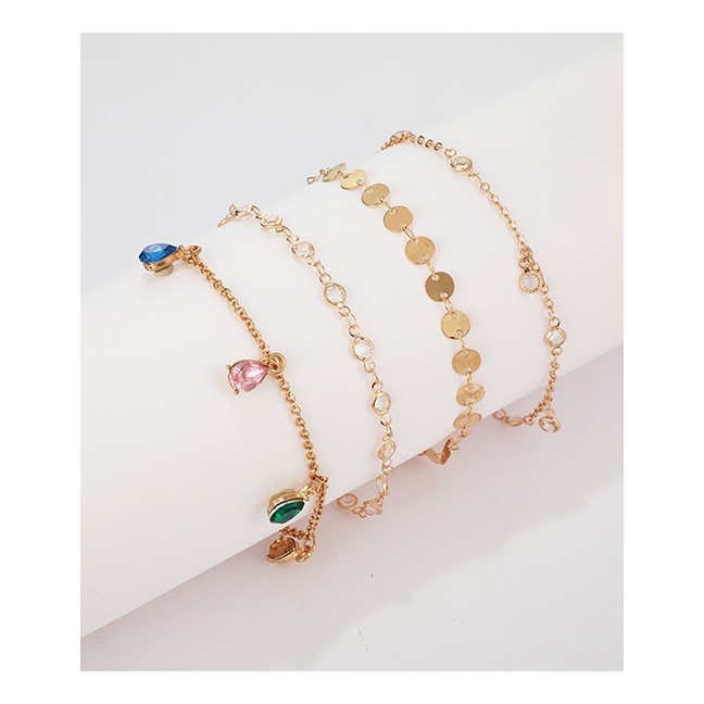 LRC Gelang Kaki Fashion Gold Alloy Disc Color Rhinestone 4 Layer Anklet D09309