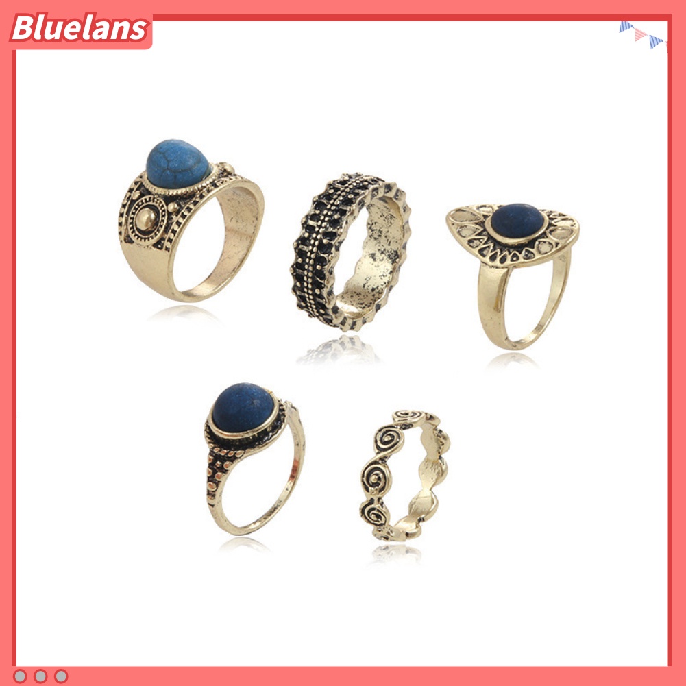 Bluelans 5Pcs Bohemian Vintage Blue Stone Alloy Finger Ring Women Charming Jewelry