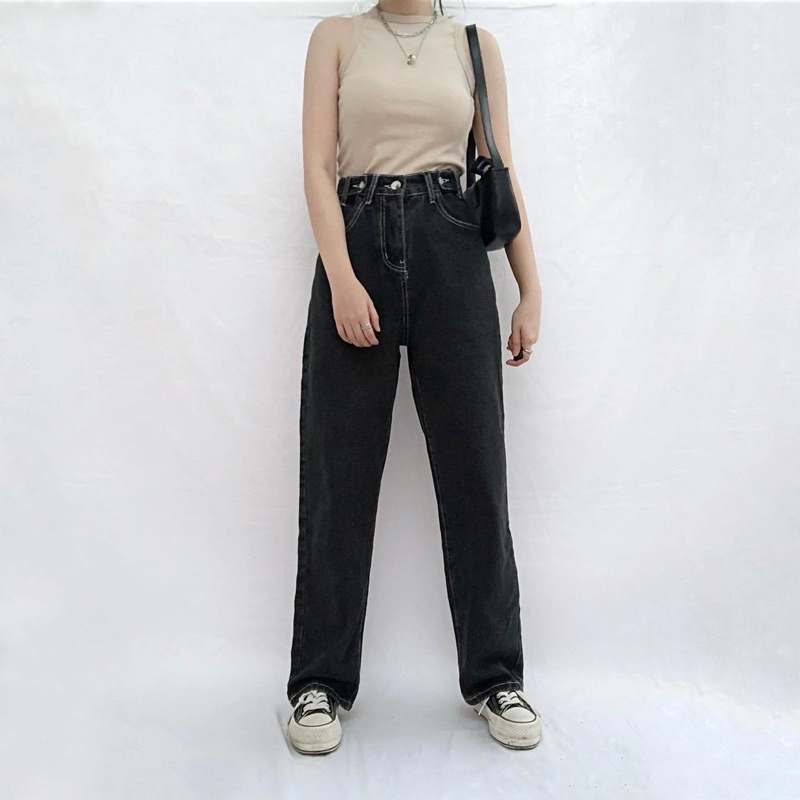 CLOTHIER - Casey Adjustable Jeans | Black Washed Cream Beige Straight Denim