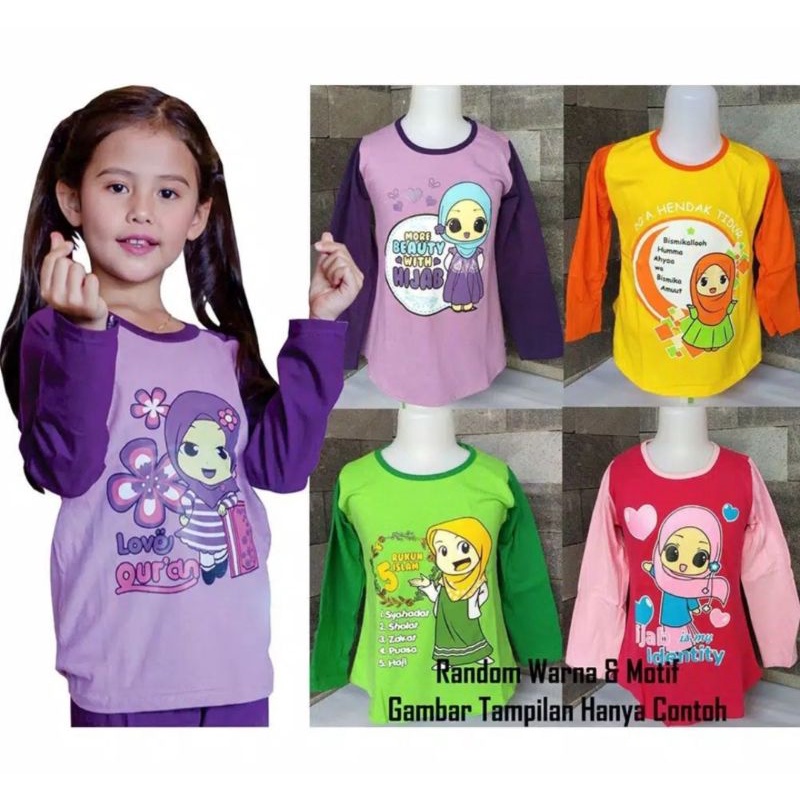 Kaos Anak perempuan / atasan tunik lengan panjang usia 1-11 tahun bahan kaos muslim motif islami