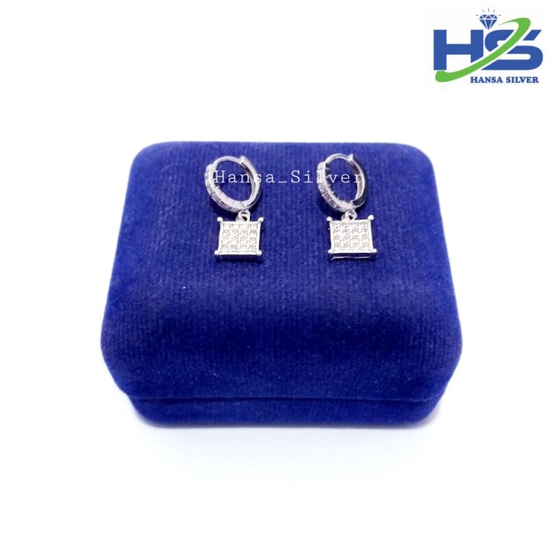 Anting Perak Asli Silver 925 Lapis Emas Putih Model Jepit Agogo Permata Kotak