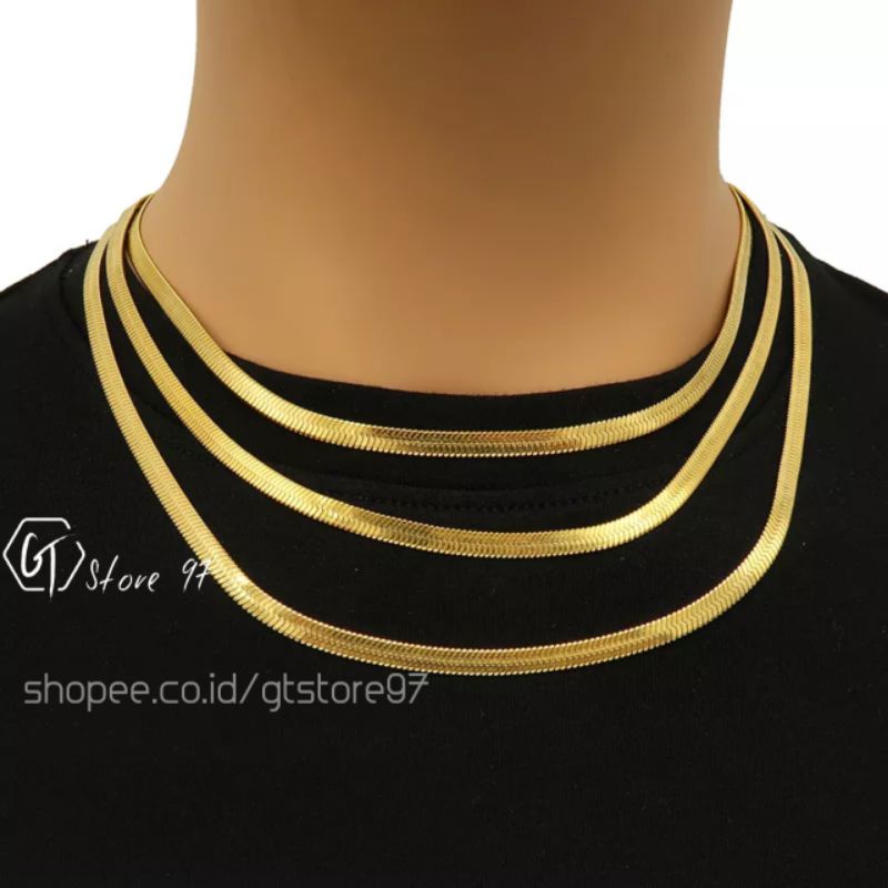 Kalung Titanium Pria Anti Karat Asli Cowok Cewek Silver Perak Emas Gold Flat Pipih Kilau Kalong Cowo Cewe Peria Anti Pudar