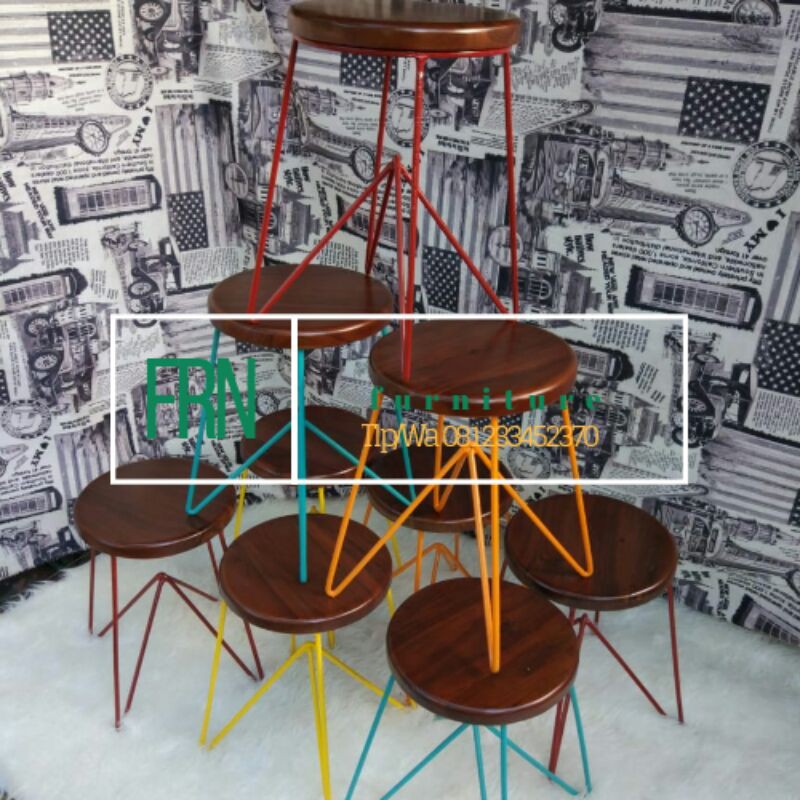 Promo murah set stool kayu jati solid kombinasi kaki besi asli dari jepara
