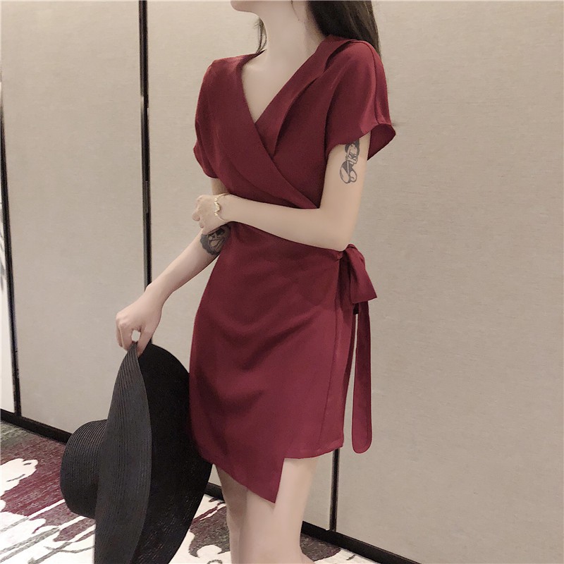 VW-AUG2019-138 Maroon Wrap Mini Party Dress