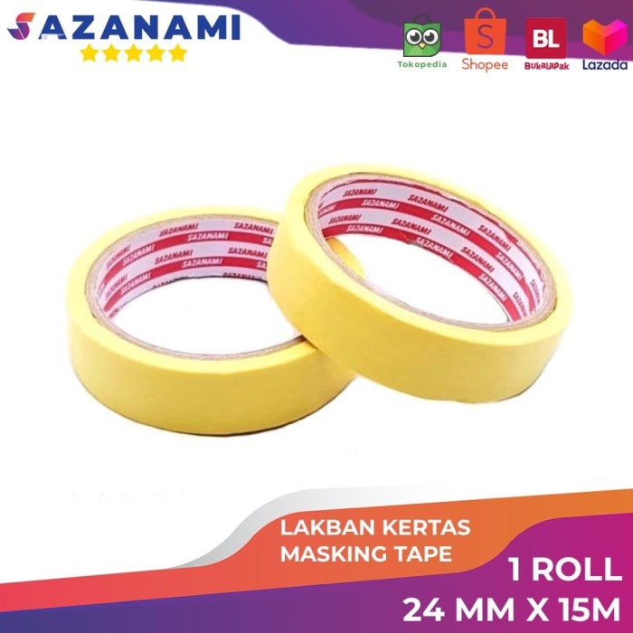 

PEREKAT-PENGIKAT- 1 ROLL LAKBAN KERTAS MASKING TAPE 1" INCH 24MM X 15M KUNING SAZANAMI -PENGIKAT-