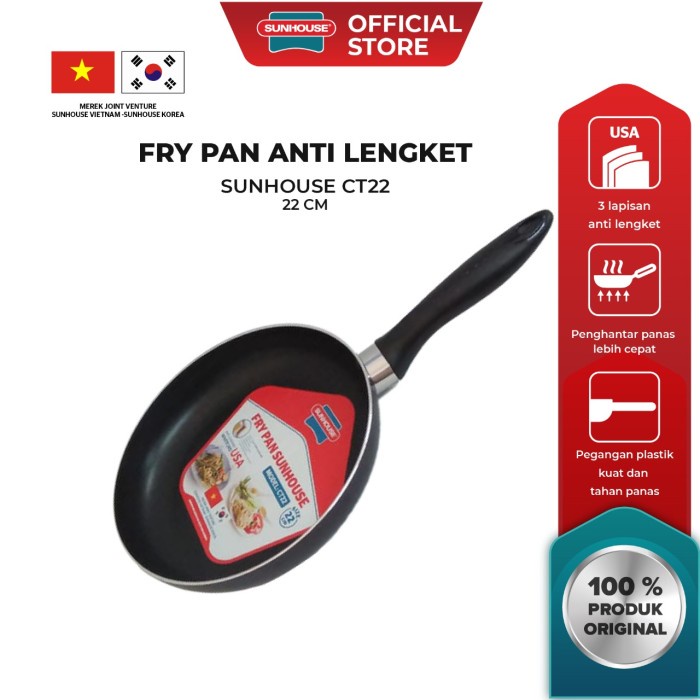 COD!!BARU!! Sunhouse CT-22 Plain Frypan Anti Lengket Hitam 22 cm 1 Pcs || Dapur || Peralatan Masak