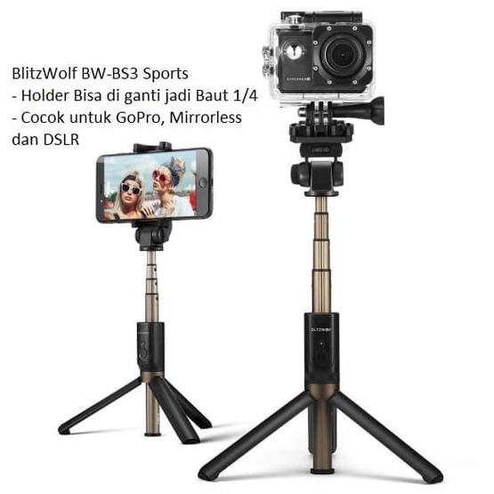 BlitzWolf BW-BS3 Bluetooth Selfie Stick Tongsis Tripod Mirrorless Hp