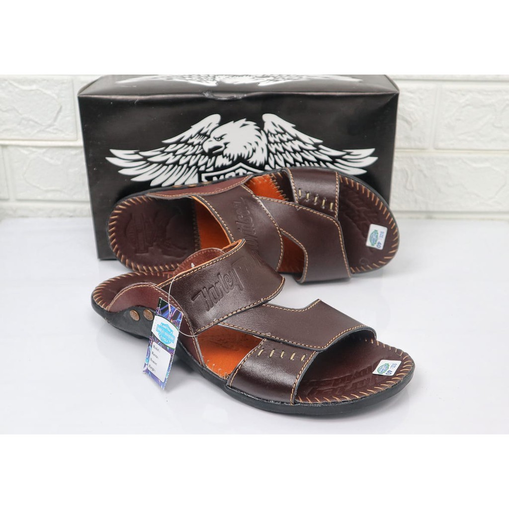 Terbaru Sandal Pria Kulit Sapi Asli Harley Davidson Real Leather Cow Sendal Jepit Ban 2  Rempel New1