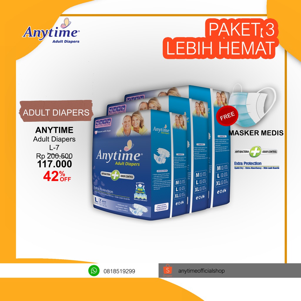 

Anytime Popok Dewasa / Adult Diapers Size L7 - Paket 3 Bags