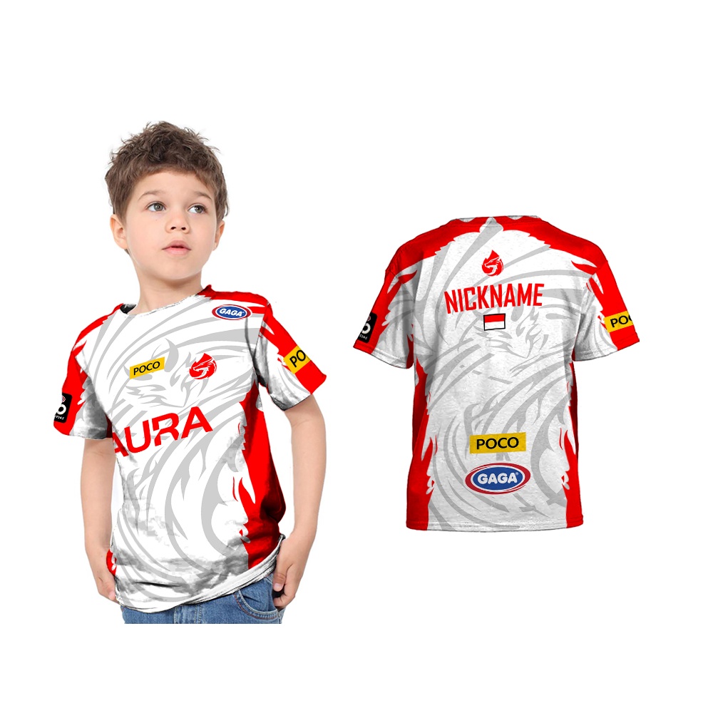 Jersey Aura Esports 2021 Anak Full Printing Baju Kaos Anak Anak Free Custom Nickname - Putih 01