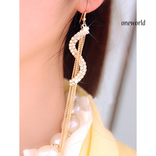 OW@ Women's Fashion S-Shape Long Tassels Rhinestone Hook Dangle Linear Earrings