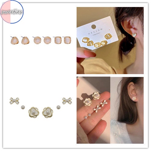 3 Pasang / set Anting stud Desain camellia Opals Bahan 925 silver Gaya Korea Untuk Wanita