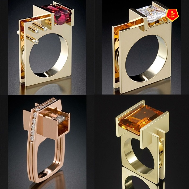 [Ready Stock]Creative Gold Inlaid Colored Gems Geometric Shape Ring for Women