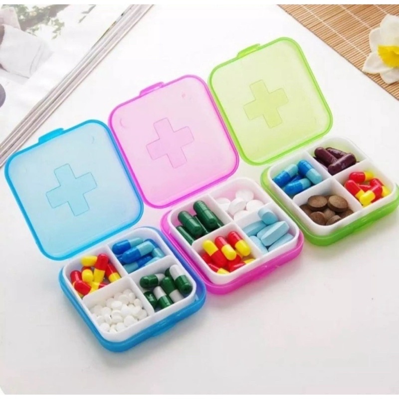 Tempat Kotak Penyimpanan Obat Mini 4 Sekat Travel - Medicine Box Portable 4 Grid