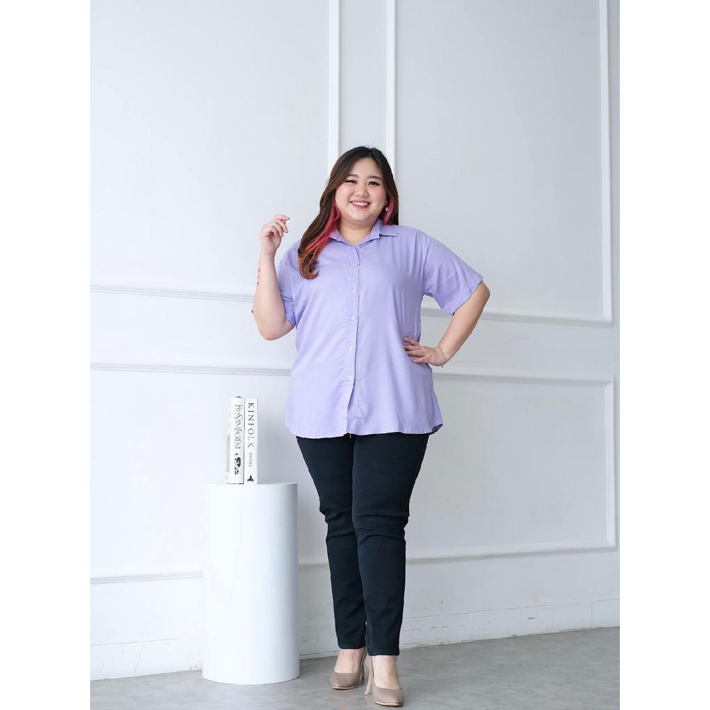 DINZLIE Baju Atasan Kemeja Wanita Basic Polos Lengan Pendek warna UNGU MUDA LILAC m l xl xxl xxxl
