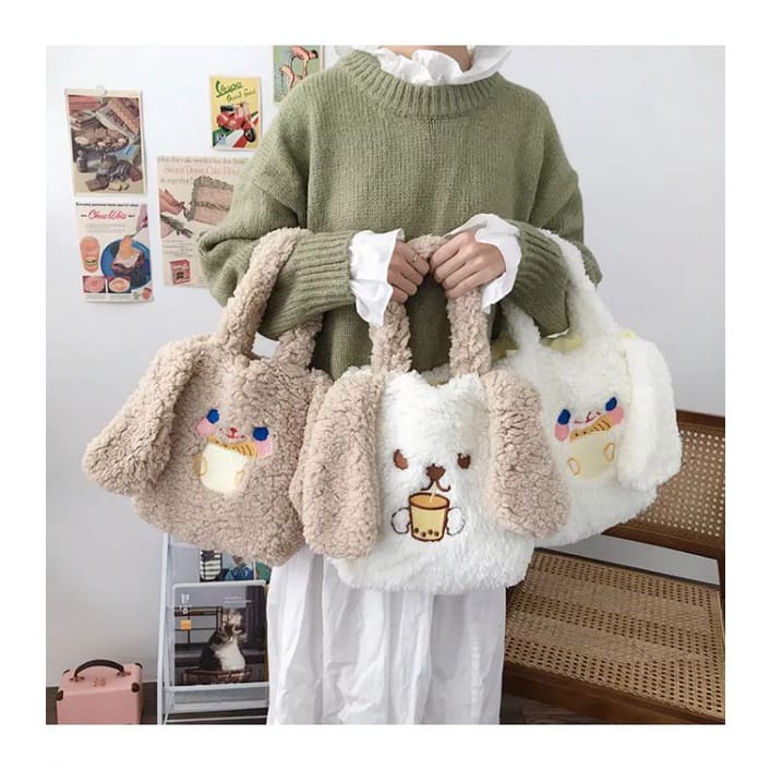 AS Tote Bag Wanita - TasWanita Tote Bulu Piyopiyo Bahan Bulu Korea bordir Import BISA COD