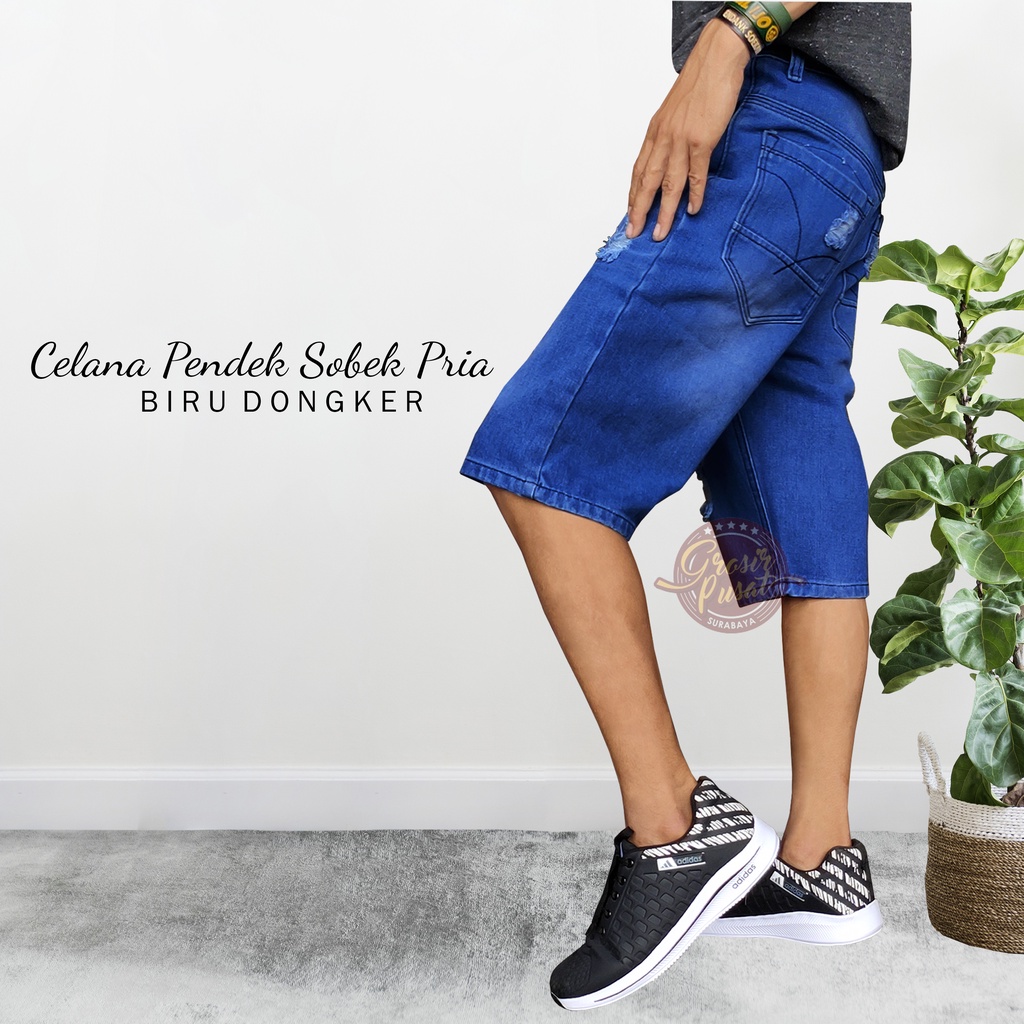 Celana Pendek Jeans Model Sobek Ripped Pria 27 - 38