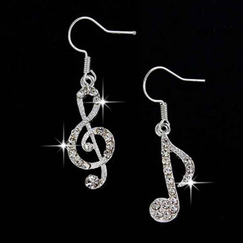 OW@ Fashion Women Rhinestone Inlaid Treble Music Note Charm Dangle Hook Earring