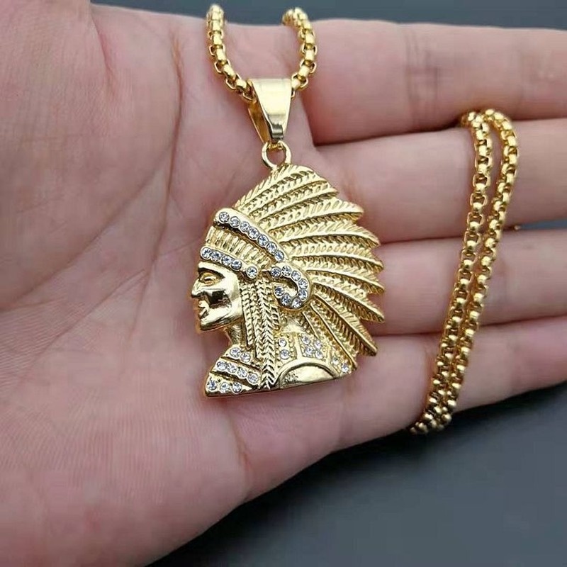 Kalung Rantai Liontin Kepala Suku Indian Bahan Stainless Steel 316 Lapis Emas Gaya Hip Hop