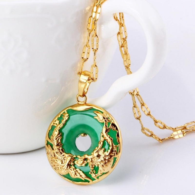 [Ready Stock]Fashion Gold-Plated Inlaid Emerald Pendant Dragon and Phoenix Necklace