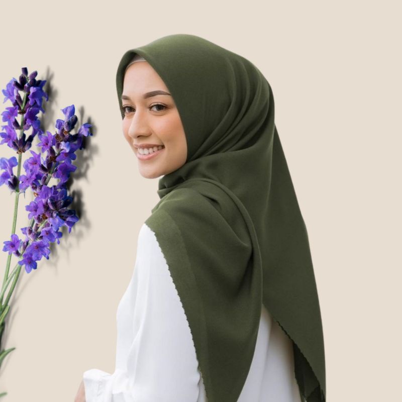 hijab segi 4 bella laser/hijab instan polycottoon lasercut/Khimar instan/jilbab instan/110x110cm-Olive