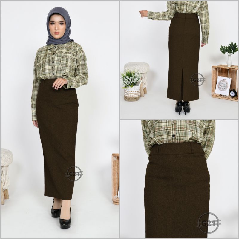 Rok Kerja Panjang Hitam Span Biron Kipas Bahan Formal Kantor 01-Coklat Tua