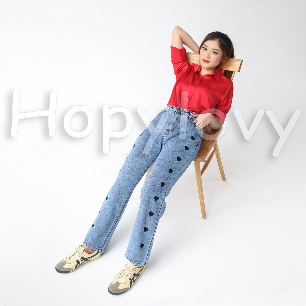 HOPYLOVY Celana Boyfriend Jeans Wanita Loose Jeans Bordir Love Avanti