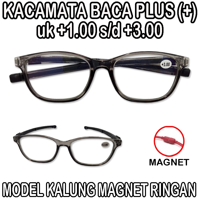 TERBARU!! Kacamata Baca Anti Radiasi Lensa Plus (+) Blueray Kacamata Gantung untuk Pria Wanita +1.00 s/d +3.00 Frame Abu Gagang Magnet Kaca mata Kalung Kacamata Plus Rabun Dekat Reading Glasses Unisex Kacamata Fashion baca / Kacamata Magnet