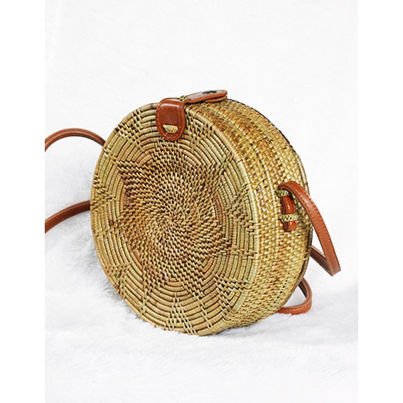 Sweet Honey Tas Rotan Ate Bulat Coklat Natural Motif Flower Rattan Bag Natural Diameter 20cm