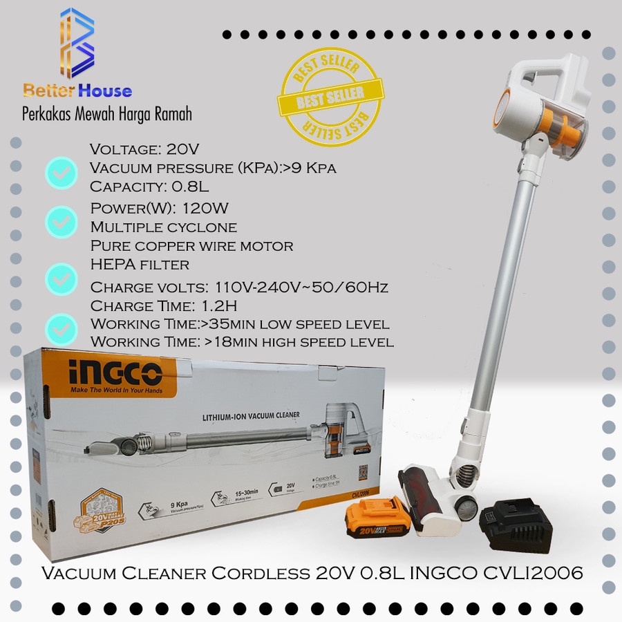 VACUUM CLEANER 20V HEPA FILTER INTERNATIONAL STANDARD INGCO CVLI2006