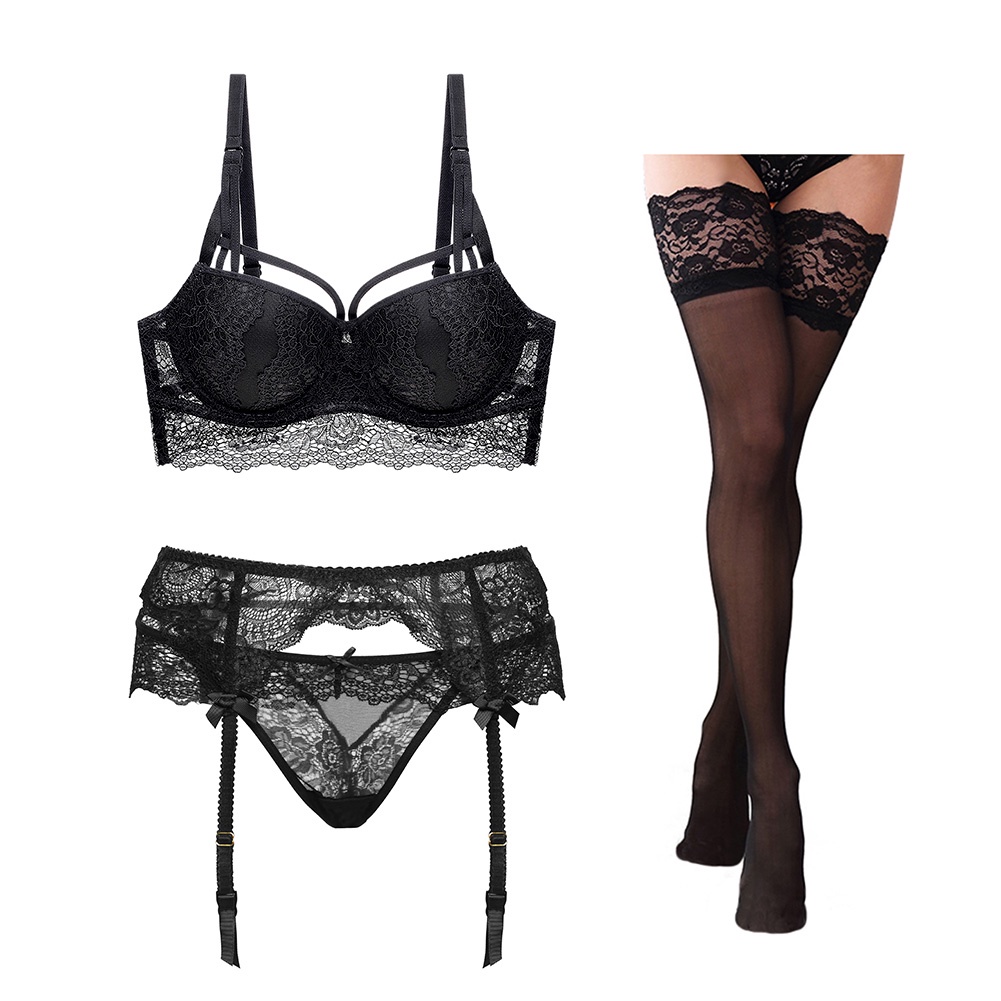 Women Underwire Push Up Padded Lingerie Set Sheer Lace Bra and Panty and Garters Panty and Stocking