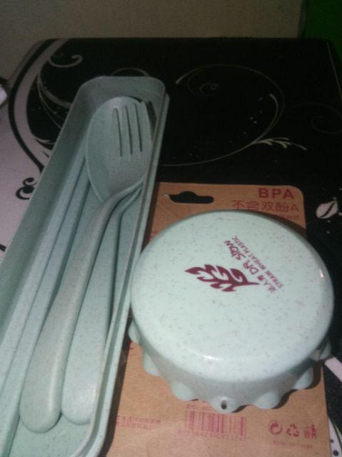 Sendok Garpu Sumpit Portabel Set Travel Cantik Bahan Jerami Gandum (ada Kotak Kerdusnya)