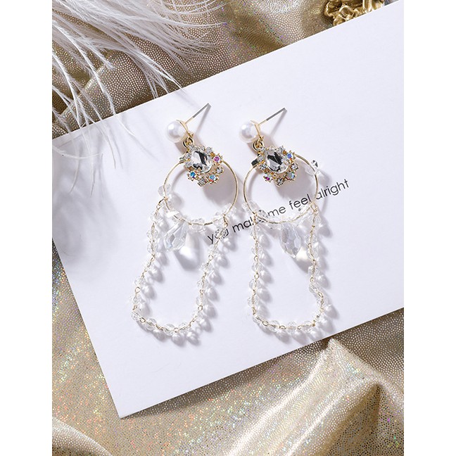 LRC Anting Tusuk Fashion Gold Pearl Ring Dripping Crystal Tassel Earrings F62467