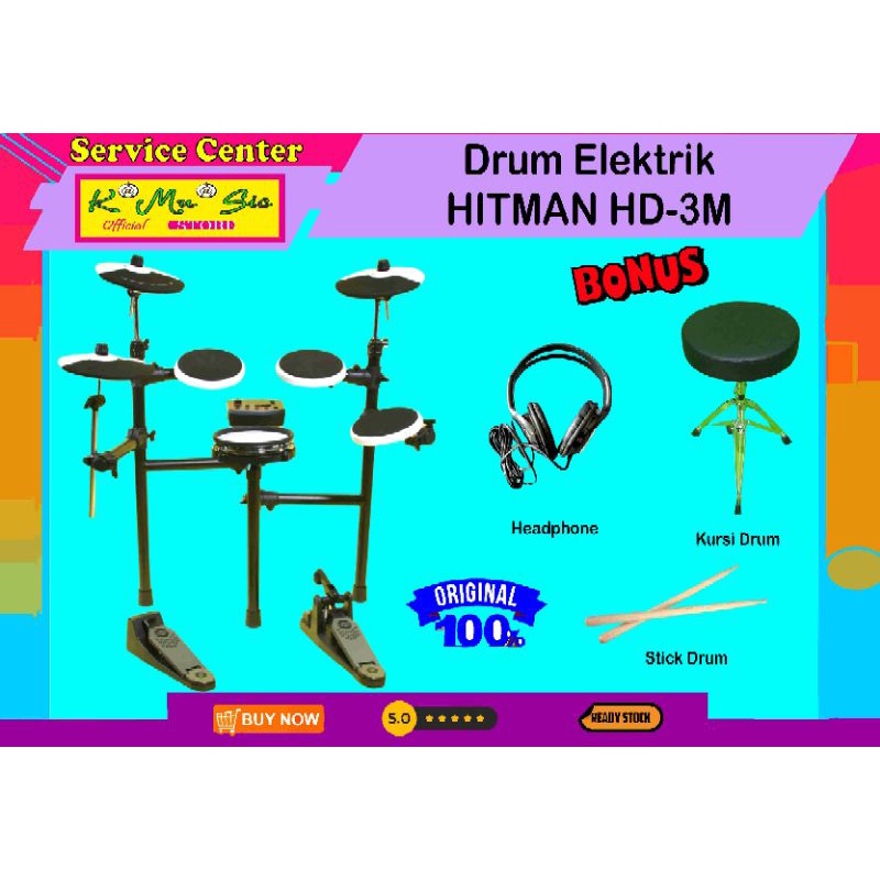 Drum elektrik 2 zone snare pad Hitman HD-3M HD3M HD 3M bonus headphone kursi drum stick drum origina