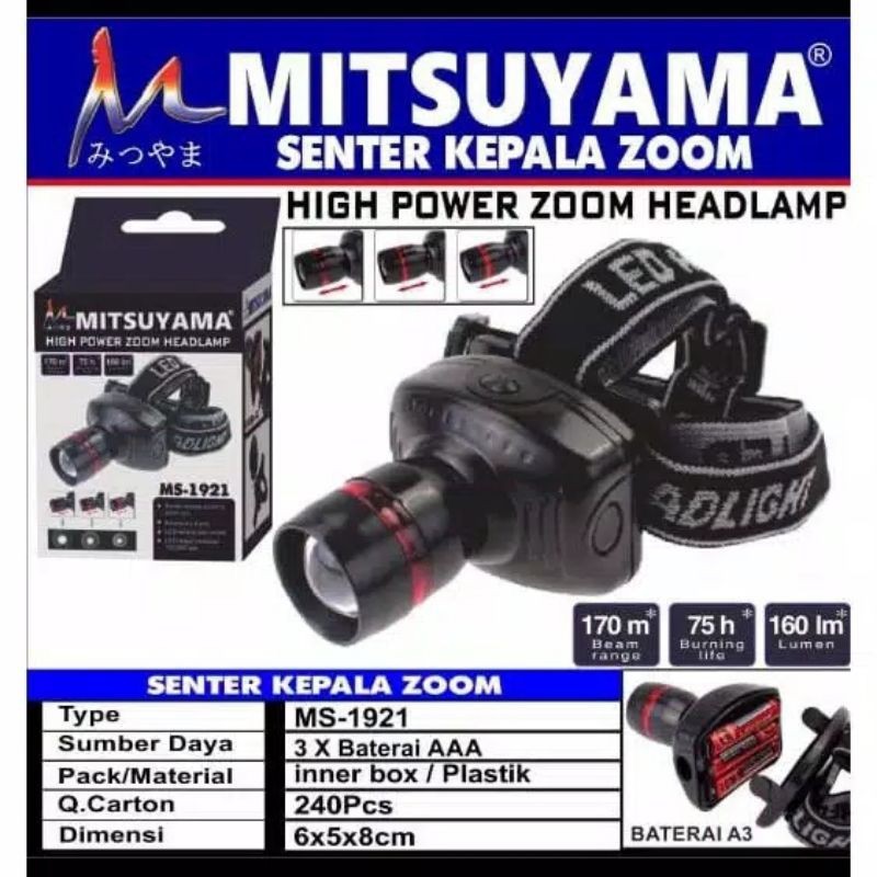 Senter Kepala / Headlamp High Power Zoom Mitsuyama MS-1921