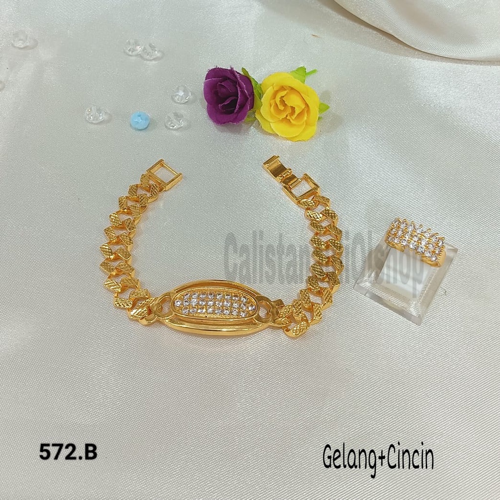 GELANG+CINCIN SISIK NAGA PLAT FASHIONABLE ELEGAN PERHIASAN EMAS KOREA ANTI KARAT DAN ANTI LUNTUR