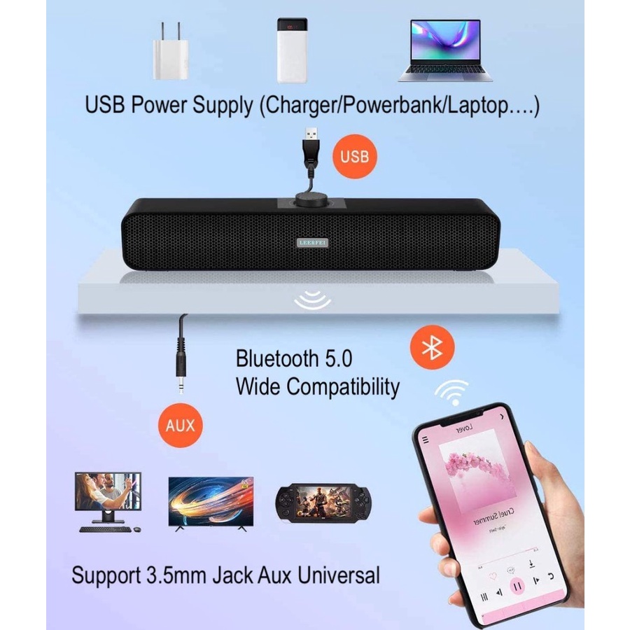 E350BS Wirless Soundbar Bluetooth Speaker TV PC USB With Aux 3.5mm