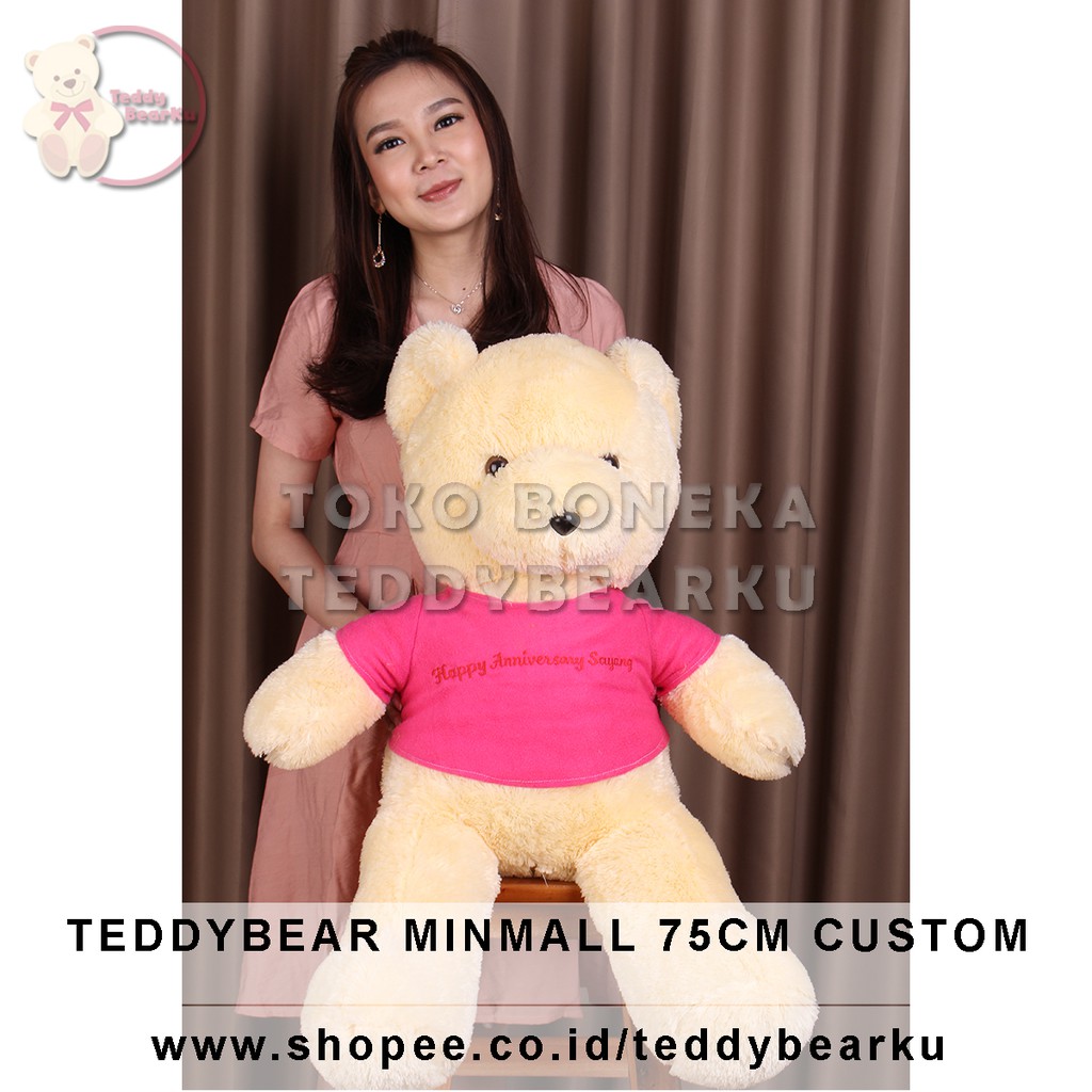 Teddy Bear Cream Baju Pink+ Tulisan Custom Boneka Beruang Mini Mall 75CM XL