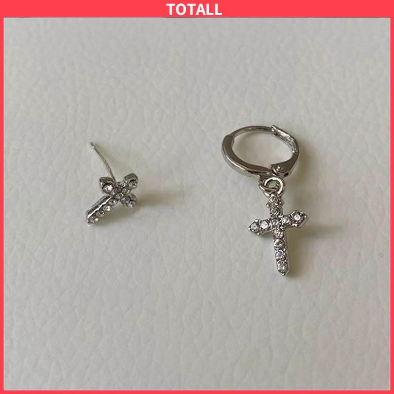 COD Anting Stud Asimetris Desain Salib Aksen Berlian Kilau-Totall