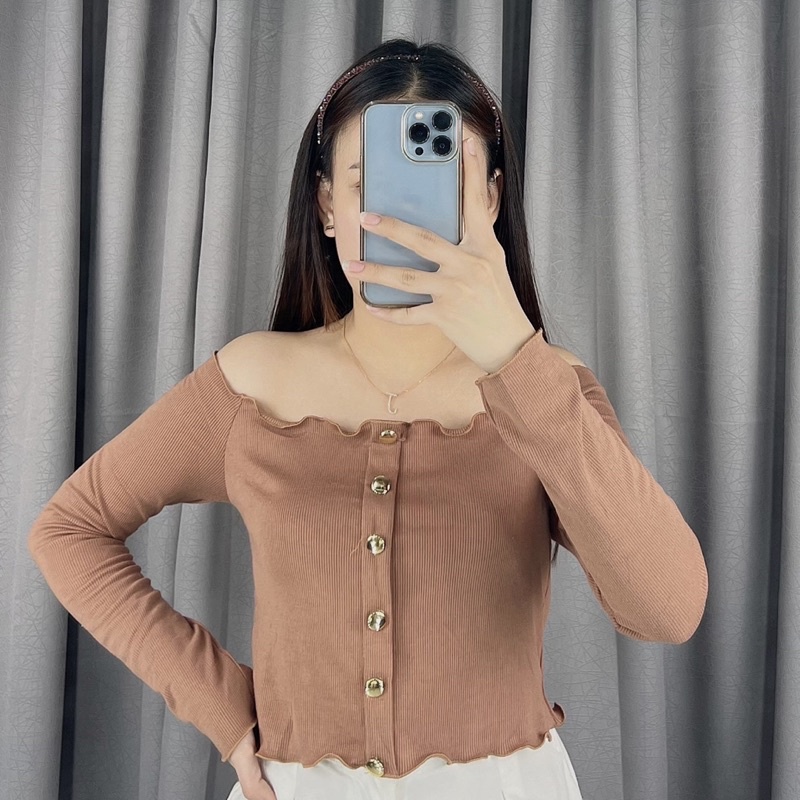 off shoulder button gold | Atasan sabrina