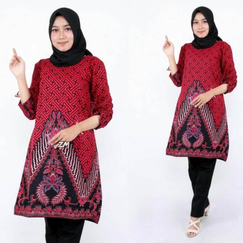 BATIK COUPLE KELUARGA sania ruffle ori ndoro jowi dnt motif pagar bunga merah-Tunik