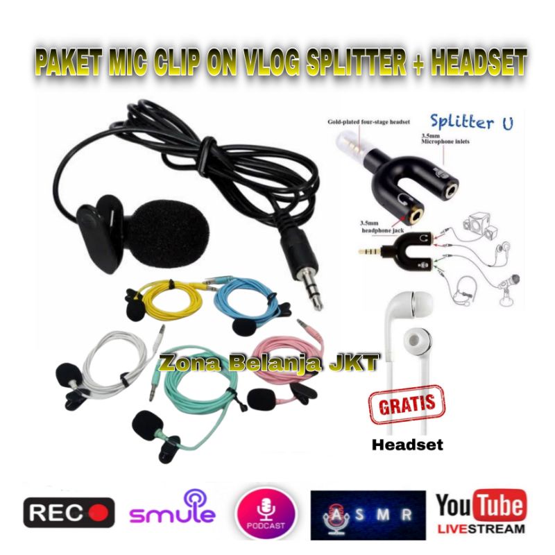 PAKET MICROPHONE MIC CLIP ON VLOG YOUTUBER 3.5MM JACK SPLITTER HEADSET RECORDING