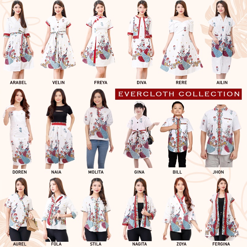 Evercloth Seragam Batik Couple Modern BBC Batik Family Set Dress Atasan Kemeja Cheongsam Lengan Panjang Pendek Sarimbit JHON BBB  IMLEK CNY WHITE