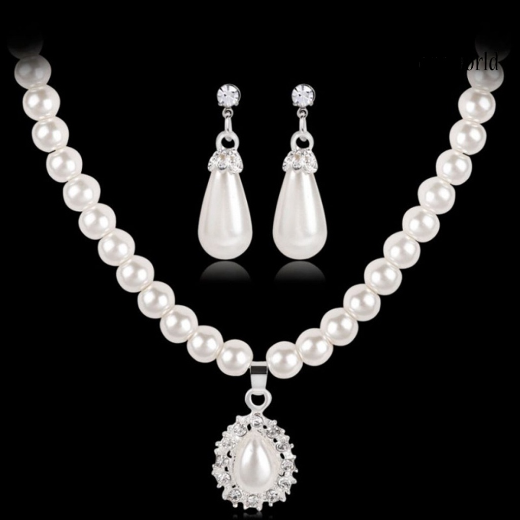 OW@ Water Drop Shape Pendant Faux Pearl Beaded Necklace Earrings Bridal Jewelry Set