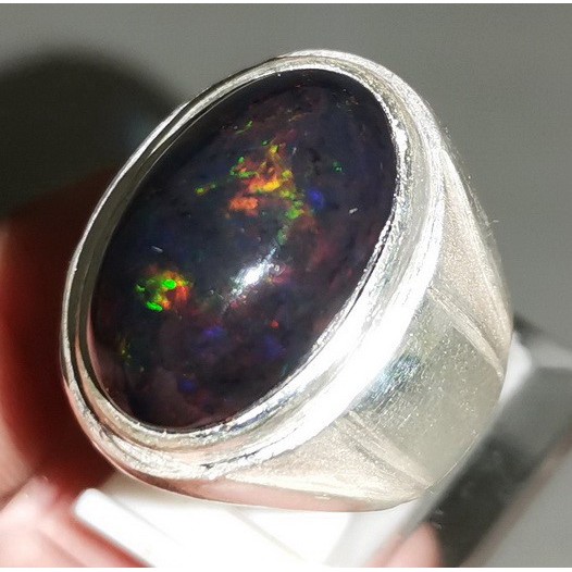 Batu Akik Kalimaya Hitam asli Black Opal Natural Multi Colour Cincin Perak 925