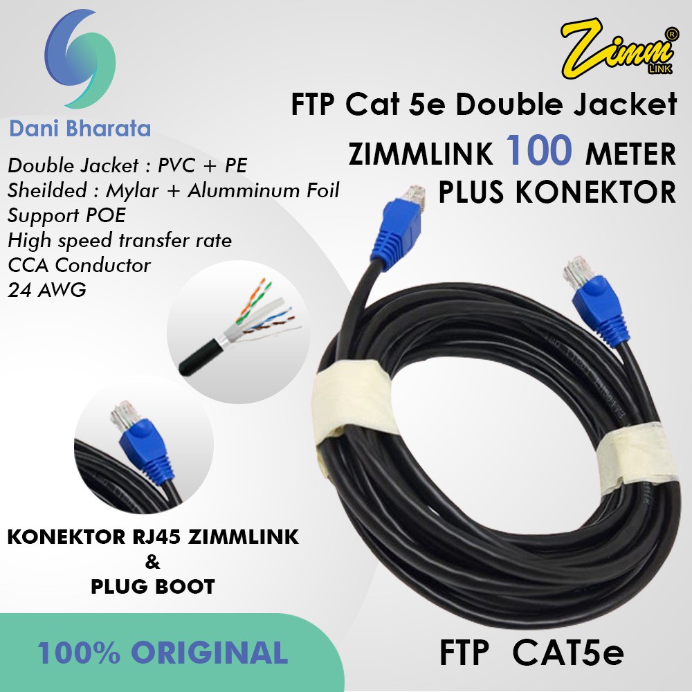 Kabel LAN FTP Cat5 Zimmlink Double Jacket Panjang 100 meter Siap Pakai Support PoE